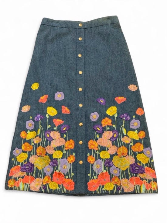 Alice + Olivia Dresses & Skirts - Alice + Olivia Black Denim A-Line Skirt with Multicolor Floral Embroidery